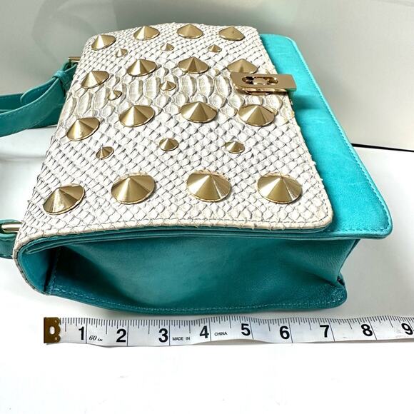 Be&D Turquoise Studded Gold  Hardware Textured Snakeskin Shoulder Handbag - Picture 6 of 15